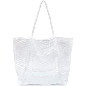 Women's White Mesh Beach Nylon & Polyester No-closure Tote Shoulder Handbag